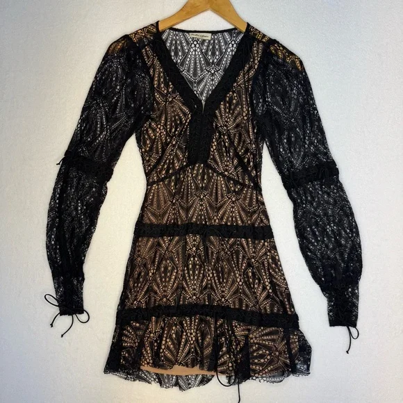 For Love & Lemons Bright Lights Black Lace Mini Dress Long Sleeve Size XS